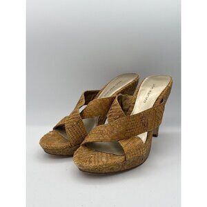 Ann Marino Womens Size 7.5 Tan Woven Mule Heels With Cork Platform